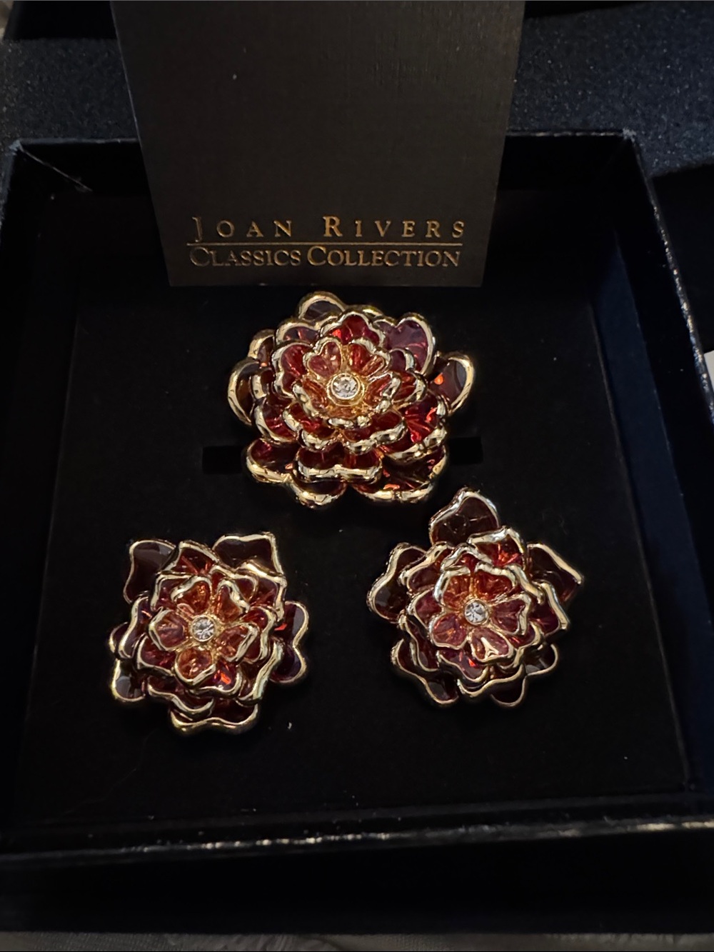 New in box Rare Joan Rivers Red Gold Floral Brooch and Earrings Set